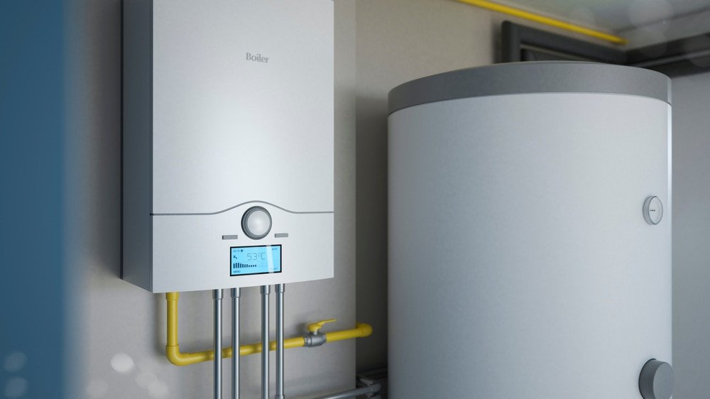gas-powered hot water heaters. Boiler room - gas heating system, 3d illustration.