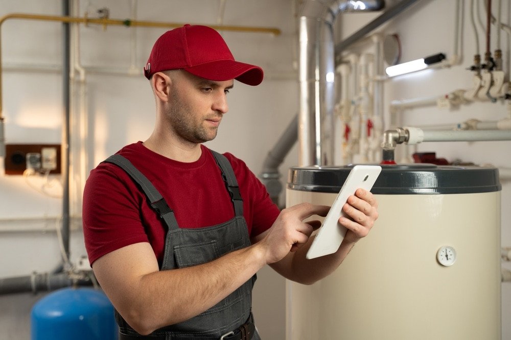 hot water heaters. A qualified plumber in a red cap and overalls inspects a household water heater in the basement of the house, holding a tablet for notes and carefully checking the system for the need for maintenance.
