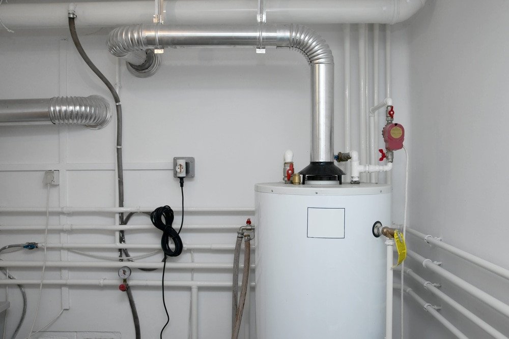 Hot Water Tank. Pipes of a heating system. With Hot water tank in foreground.