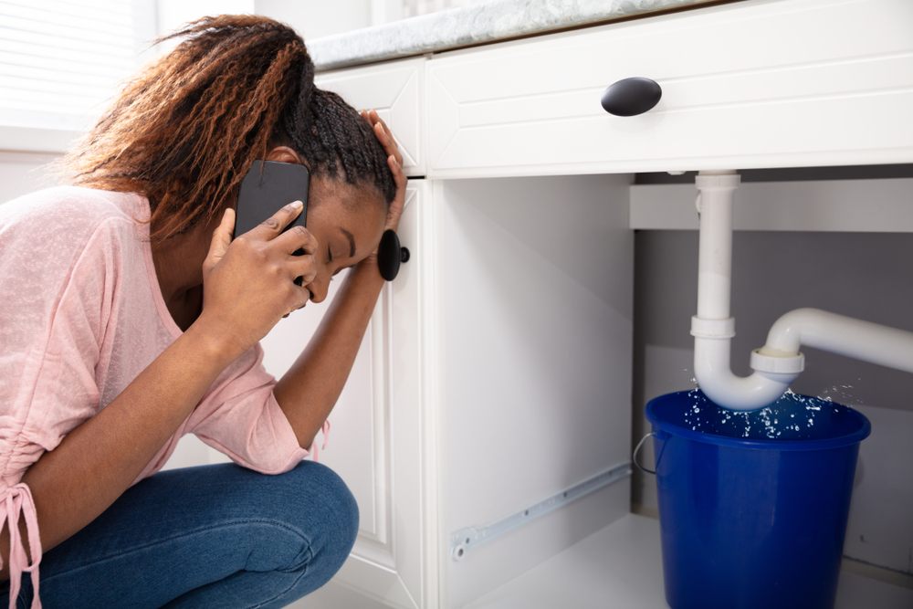 Top Plumbing Maintenance Tips for Calgary Homeowners. Young Woman Calling Plumber Crouching In Front Of Water Leaking From Sink Pipe.