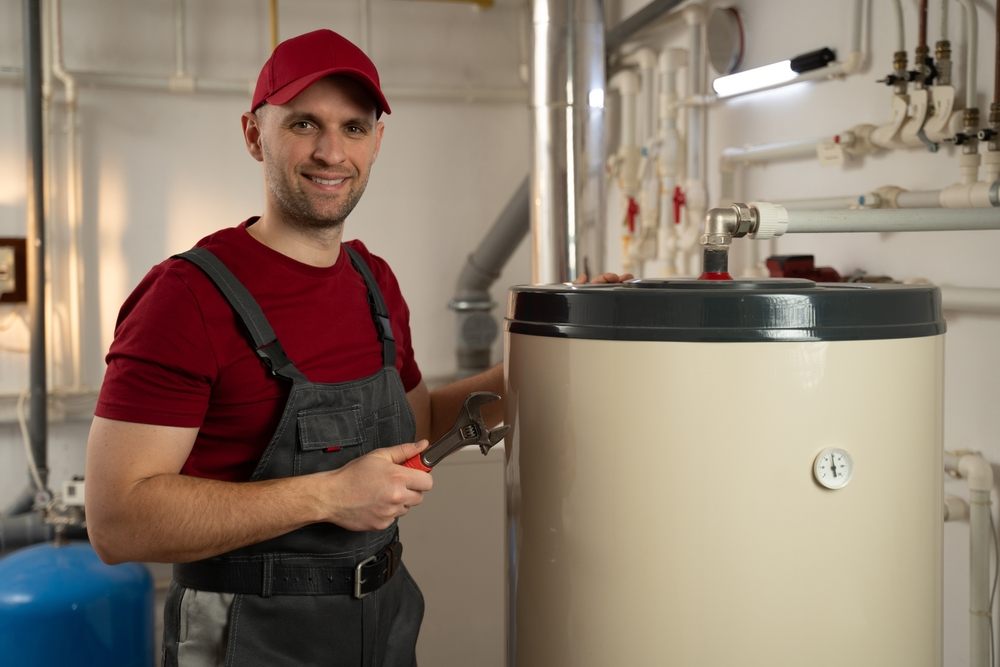Hot Water Tank Maintenance Tips for Calgary Residents. A skilled tradesman with a friendly demeanor stands confidently in a residential basement, ready to conduct maintenance or repair work on a large home boiler system. Wearing a red cap and work